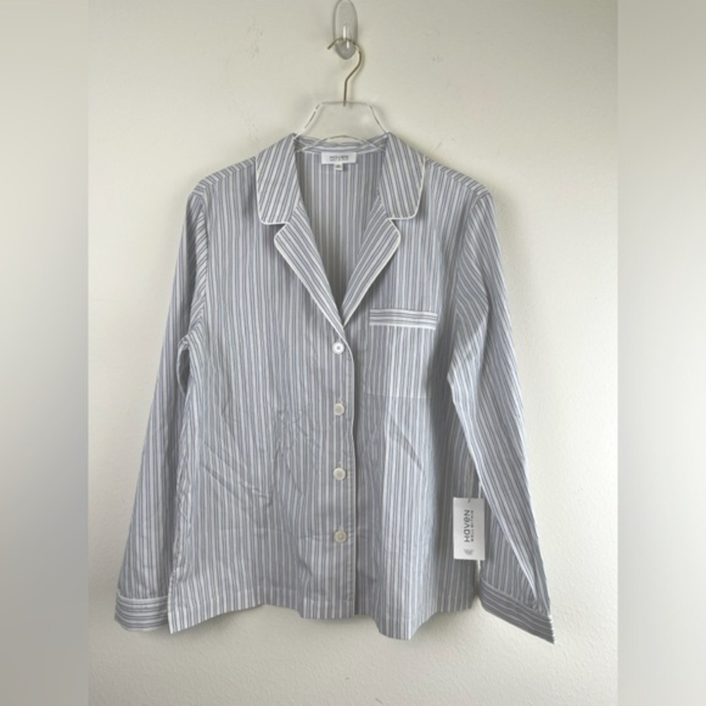 NWT Haven Well Within Sleep Shirt M All Cotton White Blue Striped Button‎ Up